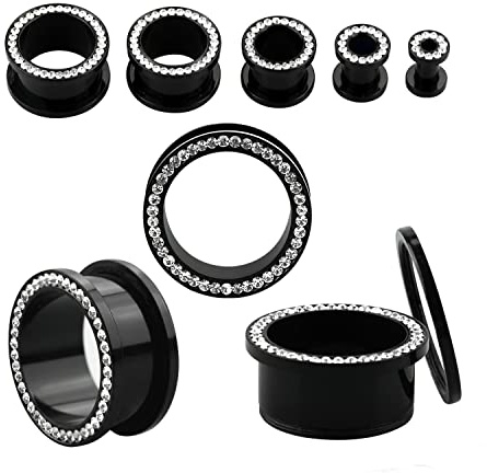 4-25 mm Ohr Piercing Flesh Tunnel Kristalle Reihe Acryl Schwarz Glitzer Plug 10 mm