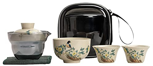 fanquare Tragbare Reise Tee Set mit Reisetasche, Porzellan Teeservice Vogel und Blumen Muster, Teekanne mit 2 Teetassen und Teedose