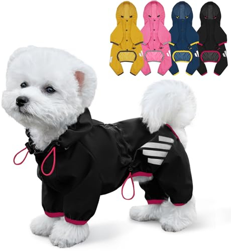 Regenmantel für Hunde Mit Kapuze, Wasserdichte Regenjacke Mit Leinenloch, Reflektierender Riemen für Kleine, Mittelgroße Hunde, Leichte Welpenkleidung (Schwarz, S)