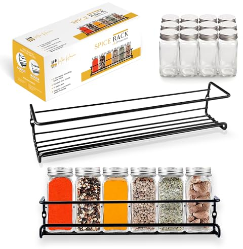 Mix Haven 2-Tier Stainless Steel Spice Rack with 12 Glass Spice Jars - Space Saving wall mounted kitchen shelf seasoning Organiser with self-adhesive hooks & screws