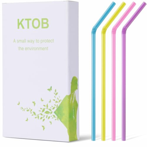 KTOB Biodegradable Flexible Drinking Straws - 200 Count 100% Plant-Based Compostable Colorful Eco Friendly Alternative to Disposable Plastic Straws