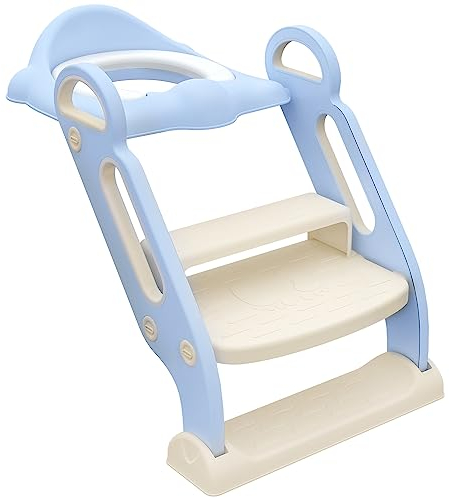 ZONEKIZ Kinder Toilettensitz, Toilettentrainer mit Treppe, Griff, klappbarer Toilettenaufsatz, Töpfchentrainer mit Toilettensitz, für 2-6 Jahre Kinder, Kunststoff, Blau