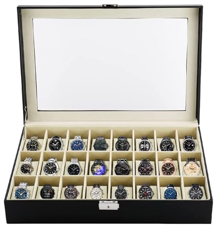sports flyfree Uhrenbox mit 24 Fächern, elegant, tragbar, schwarz, Uhren-Sammelbox, Organizer für die Aufbewahrung, für Uhren, Schmuck für Männer und Frauen