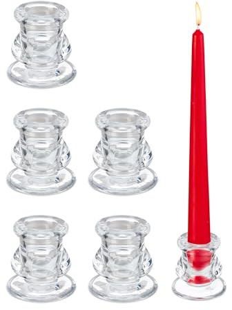 Relaxdays Candelabros de Cristal, Set de 6, Portavelas Curvos para Velas Largas, 5,5 x 5,5 cm, Transparente