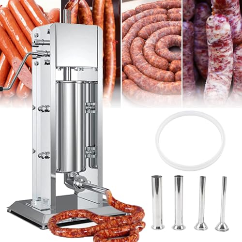 URJWAN Vertikale WurstfüLlmaschine Aus Edelstahl, Solide Basiskonstruktion, Mit 4 FüLldüSen, Lebensmittelechtes Material, FüR Den Gewerblichen Und Privaten Gebrauch, Hausgemachte WurstfleischwöLfe,5L
