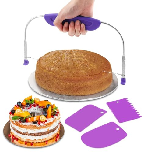 JIANWEI Adjustable Cake Leveler and Scraper Set, 4pcs Decorating Kit, Large Size Slicer, Decorating Comb, Pastry Cutter for Mousse Butter Cream (Purple)