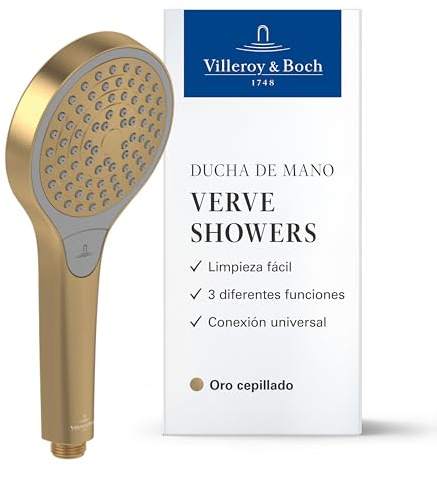 Villeroy & Boch Verve Showers Soffione Doccia, doccetta con 3 tipi di getto commutabili con un pulsante, EasyClean, risparmio idrico, antiriflusso – Oro spazzolato