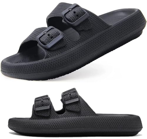VEXITO Claquettes Chausson Boucle Femme Été Pantoufles 2 Laniere Reglable Douche Homme Sandales Mules Piscine Plage Bain Mer Legere Semelle Epaisse Noir Taille 44-45