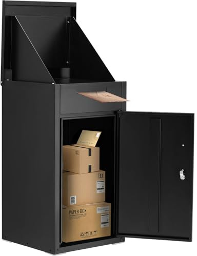 JFHID Package Delivery Box for Outside,Lockable Anti-Theft Parcel Drop Box with Mailbox Waterproof Weather Resistant Full Metal Frame for Porch Fence Curbside (Black, 38.3x17x16)