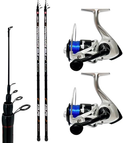Kolpo kit da pesca bolognese con 2 canne telescopiche 4 mt + 2 mulinelli con filo adatte alla pesca in mare lago e dalla barca