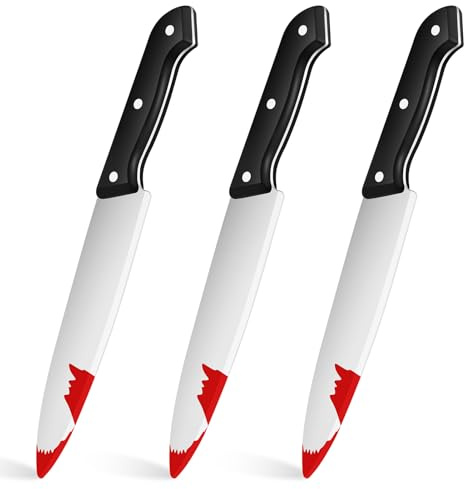 ZJoey Confezione da 3 coltelli finti retrattili giocattolo, coltelli retrattili per Halloween, in plastica, per feste di Halloween e pesce d'aprile (3 coltelli insanguinati)