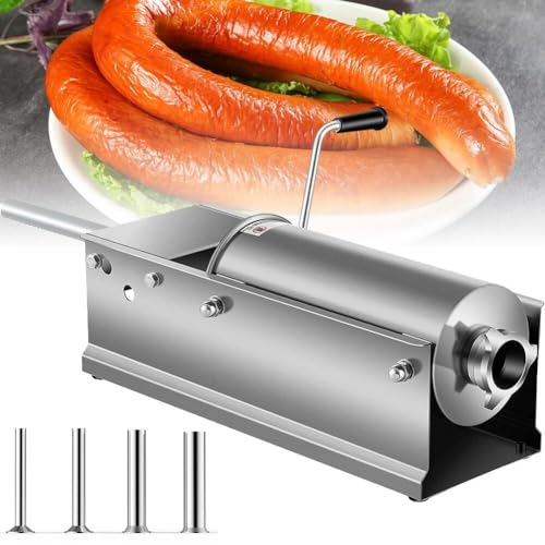 CASEGO Horizontal Sausage Stuffer, 3L/5L Manual Sausage Maker, with 5 Filling Nozzles, Stainless Steel Sausage Stuffing Machine for Home Bratwurst (One Color 3L)