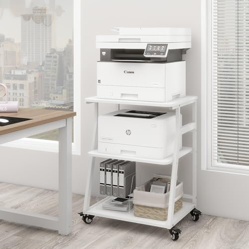 PUNCIA 60x50x75cm 3 Tier Printer Table with Storage, Rolling Cart with Adjustable Storage Shelf for Home Office Organization, Stand for Heat Press, 3D Printer (White)