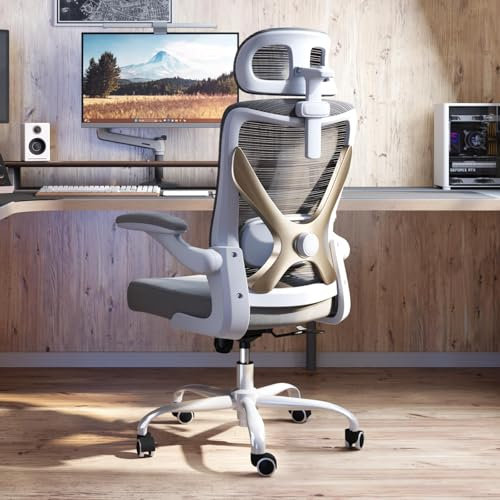 TRALT Ergonomischer Bürostuhl - X-förmiger Computerstuhl, Gaming-Stuhl, Bürostuhl mit Lendenwirbelstütze, Mesh-Bürostuhl mit Kopfstütze, (Grau Gold)
