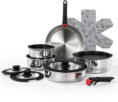 ROYDX 18/10 Stainless Steel Pan Set with Detachable Handles, 16 Piece Stackable Saucepan Set with Steamer, 24cm / 26cm Frying Pans with Pot for All Stoves inclu.Induction and Gas, Oven Proof