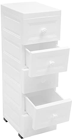 Badrollwagen Rollwagen auf Rollen Kunststoff Schubladenschrank mit 5 Schubladen, Schubladenwagen Rollcontainer für Küche Bad Büro Schlafzimmer, 25 × 34 × 82cm Weiß