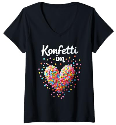 Damen Konfetti im Herzen Kostüm Ich liebe Karneval Fasching Herz T-Shirt mit V-Ausschnitt