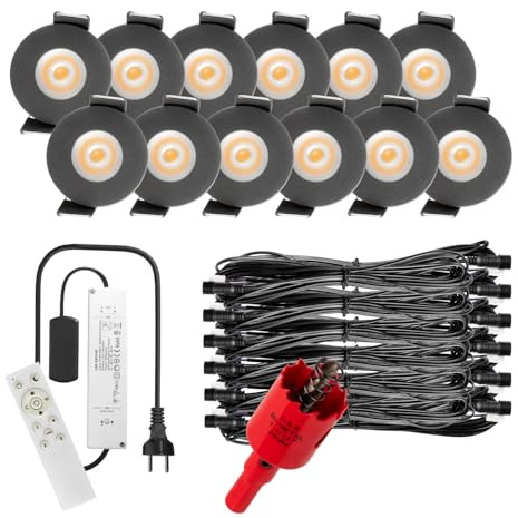 PREMIUM Mini LED- Einbauspots Warmweiss 3.000K, SMART, APP, ALEXA, DIMMBAR, IP65, FUNK 3W Einbaustrahler Terrassenüberdachung, Bad, Sauna mit Fernbedienung (ANTHRAZIT, 12x SMARTHOME LED-SET)
