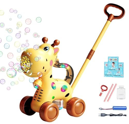 AZURAOKEY Bubble-Mower Rasenmäher mit LED-Licht, Wiederaufladbar Seifenblasenpistole Giraffe mit 10 Beuteln Seifenblasenflüssigkeit, Bubble Spaß bei Kinderpartys & Geburtstagen