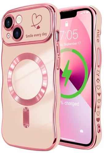 LCHULLE per iPhone 13 Cover Magnetica Cuore Ondulata,Rosa | Compatibile con Magsafe, Cuore forma di ricciolo ondulato, Protezione Fotocamera galvanizzato Custodia