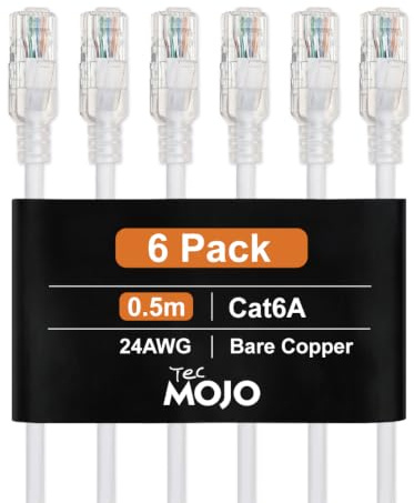 Tecmojo Ethernet Patch Cable 0.5M 6Pack, CAT6A UTP 10 Gigabit LAN Network Cable, Pure Copper LSZH RJ45 Snag-Free Patch Cord, White RAL9003