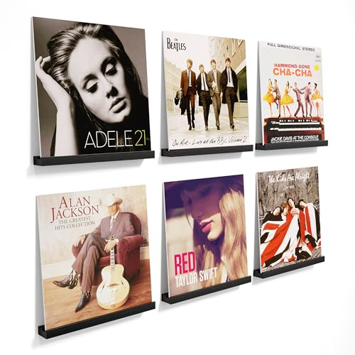 Emfogoo 6 Pack Vinyl Shelf Wall Mount, 12 Inch Wood Vinyl Record Holder Wall, Vinyl Record Storage Shelves for Album LP, Record Display for Living Room Home Office (Black)