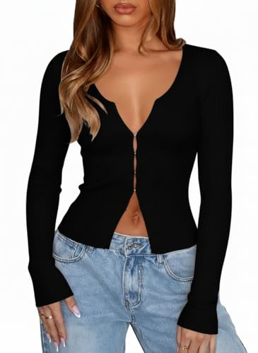 Navneet Cardigan Damen V Ausschnitt Langarmshirt Leicht Strickjacke Kurz Gerippt Top mit Schlitz Herbst Y2K Schwarz XS