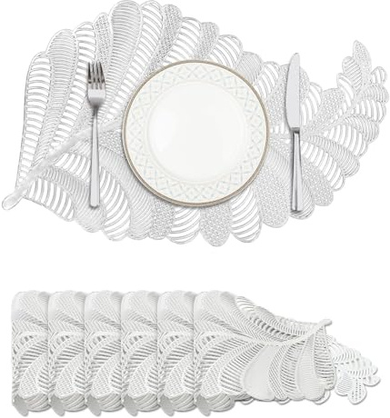 Privalace PVC Blätter Metallic Platzsets Abwaschbar,6er Set Tischsets Silber Ausgehöhlte,Platzdeckchen für Hochzeit Küche Party Dekora