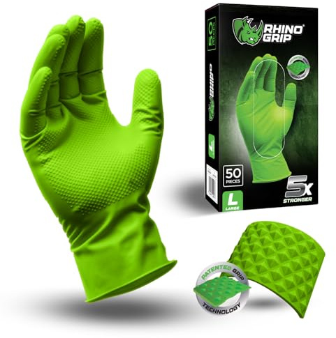 RHINO GRIP Nitrile Gloves - Heavy Duty Disposable Gloves, Diamond Grip Green Gloves - Powder-free & Latex Free Nitrile Gloves, Extra Thick & Ultra Tough Gloves (Medium)