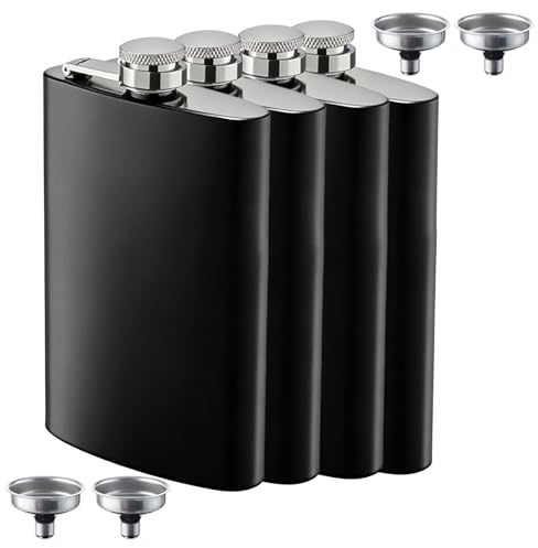 BAIFULAI 4 Stück Edelstahl Flachmann mit Trichter im Set, 8oz Schwarz Matt Flachmann Edelstahl, Tragbar Auslaufsicher tragb Geeignet, für Wandern Hochzeit Camping Klettern Picknick