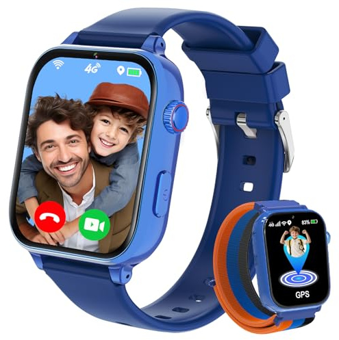 Smartwatch Kinder mit GPS und Telefon, 4G Kinderuhr mit Videoanruf Voice Chat, 2x Uhrarmband‌, SOS, Schulmodus, Schrittzähler, Wecker, Uhr Kinder Smartwatch für Mädchen Jungen Geschenke, Blau