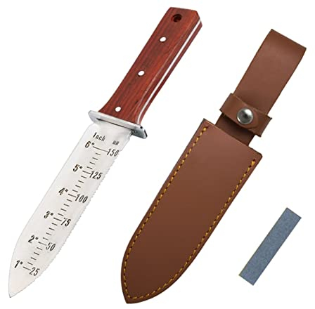 ProtectorTech Grabungsmesser– Digger Schaufel - rostfreies Japanisches Gartenmesser Hori Hori (mit Rot-Holz-Griff und brauner Ledertasche) - Metalldetektor Zubehör