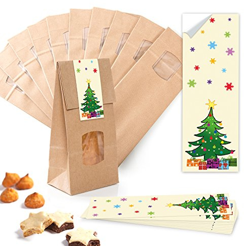 Lot de 10 petits sacs à fond marron avec fenêtre + insert en cristal 10 x 6,5 x 27,5 cm + 10 autocollants de Noël rouge vert jaune - Sacs en papier de qualité alimentaire