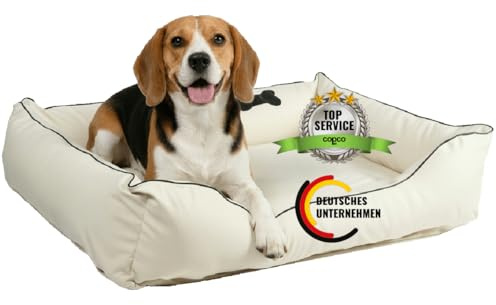 CopcoPet Hundebett mittelgroße Hunde L – Waschbares Hundekissen 【Kunstleder】 Hundekorb aus Kunstleder - Formstabiles Hundesofa - Hundekörbchen mit Rand für Hunde, Dog Bed Beige 90x70 cm