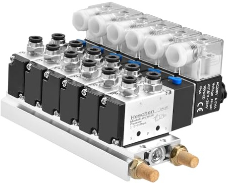Heschen Juego de 6 válvulas solenoides neumáticas eléctricas 4V210-08 AC 220V PT1/4 5 vías 2 posiciones de silenciador de base de colector rápido