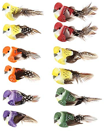 DemiawakingUK 12 bunte künstliche Vögel auf Clips, Federschaum-Vögel für Handwerk, Garten, Vogel, Ornamente, Partydekorationen