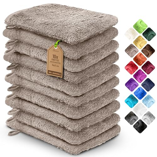 NatureMark Pack de 10 Guantes de Baño de Rizo 100% algodón – Suaves y Resistentes, Ideales para el Cuidado Diario y para Invitados – Beige, 15x21 cm