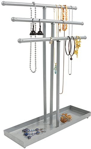 BELLE VOUS Schmuckbaum Silber Metall Schmuck Ständer 3 Ebenen & Aufbewahrung-Tablett – Schmuck Organizer Schmuck Halter Tisch Schmuckständer Hängend für Ketten, Armband, Ringe, Uhren, Ohrring Ständer