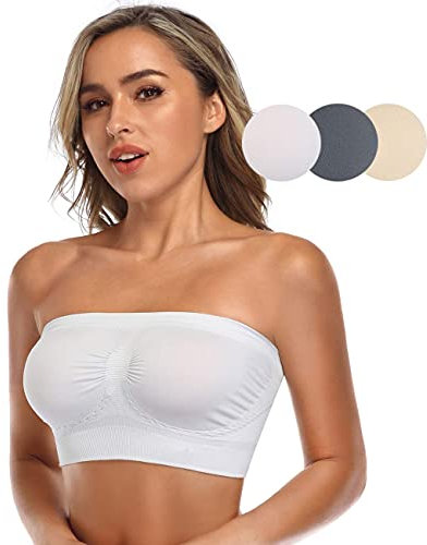 ANGOOL Bandeau Bra Seamless Non Padded Strapless Bra Boobtube Style Stretch Basic Layer Soft Bralette, White+Gray+Beige, Fit 36D 40B 40C