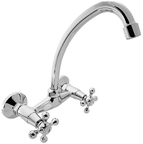 Retro Design Waschtisch-Armatur Bad - Küche, Wasserhahn hoch Kreuzgriff massiv Messing Armatur Chrom Wandmontage Aufputz