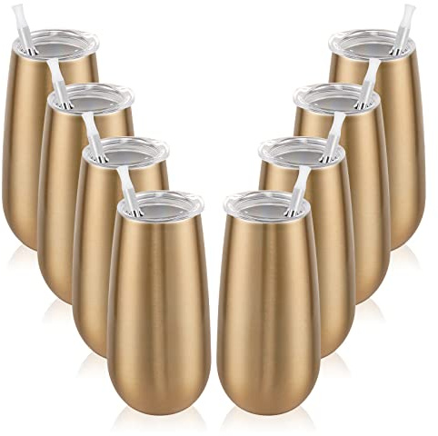 Lot de 8 flûtes à champagne isothermes sans pied 177,1 g, verres à vin incassables avec couvercle, cadeau pour la famille, les amis, Noël, un anniversaire, un mariage (doré)