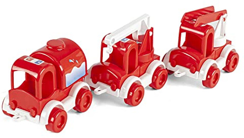 Wader 60023 - Kid Cars Spielset Feuerwehr, 3 rote Fahrzeuge mit Tankwagen, Kranwagen und Feuerwehrwagen, stabile Stahlachsen, ab 12 Monaten, kreatives Spielen