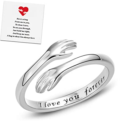 RINHOO FRIENDSHIP Hug Rings for Women Silver Hugging Hands Ring Adjustable 14K Gold Plated Daughter Rings from Mom Jewelry for Couples (I love you forever（Silver）)