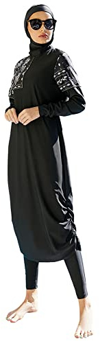 OBEEII Muslimisches Badeanzug-Set für Damen Sexy Bikini des Badeanzugs der Frauen Sommerliches Arabisches Langarm Badeanzug Set mit Hijab Modest Muslim Swimwear Schwarz02 L