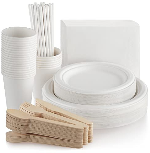 Fuyit 200 Piezas Vajilla Desechable Para 25 Personas, Platos Desechable Bagasse Biodegradable Viene con Cuchillo, Tenedor, Cuchara, Taza, Pajita y Servilletas,Para Cumpleaños Fiesta Camping