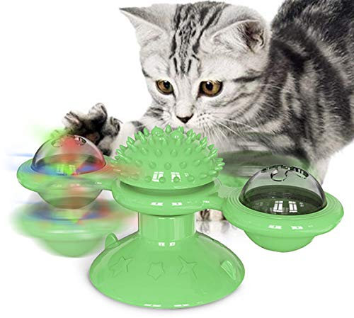 GBSYU Moulin à vent interactif pour chat avec herbe à chat : jouets pour chat d'intérieur jouets amusants pour chatons avec boule lumineuse LED ventouse Jouet pour chat pour l'exercice à mâcher (vert)