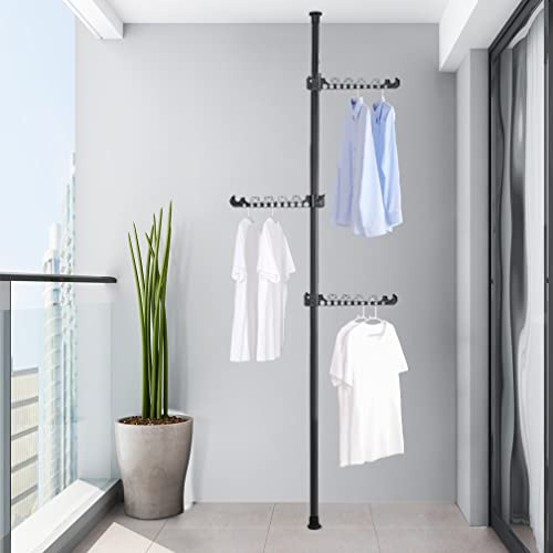 Hershii Telescopic Coat Rack, 110-310cm Adjustable Tension Rod with 3 Hooks | Floor to Ceiling Clothes Hanger Space Saving for Hanging Coat Plant Jacket Hat Scarf Living Room Balcony Entryway, Black