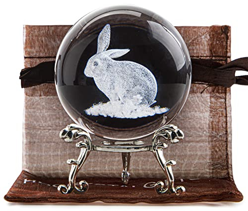 ZEERSHEE 3D Glass Laser Rabbt Ball with stand Easter Bunny Rabbit Crystal Ball Figurine Glass Table Decorations Centrepiece for Home Rabbit Gift for Women