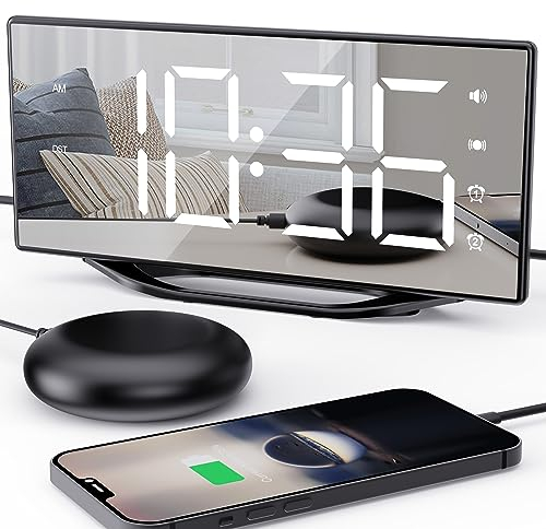 ROCAM Alarm Clock for Heavy Sleepers, Vibrating Alarm Clock Bedside with Bed Shaker, 8.7'' Large Mirror Led Digital Clock, Snooze, Dual Alarm, 7 Dimmers, Mains Powered with Battery Backup