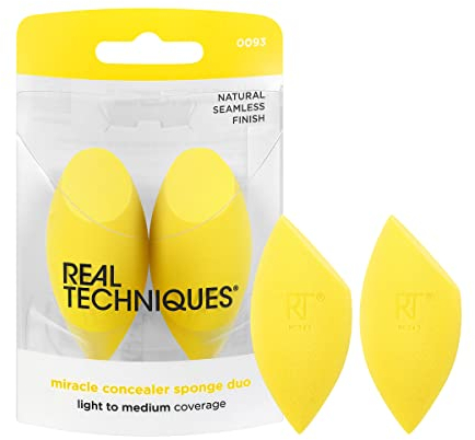 Real Techniques Miracle Concealer Sponge, Latex-Free Yellow Blending Sponges for Liquid & Cream Concealer, Elongated Shape for Precision Under Eyes & Tight Areas, Vegan Beauty Tool, 2 Count